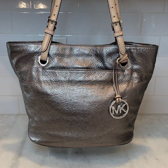 Michael Kors Metallic Pebbled Leather Shoulder Tote Bag - Picture 2 of 14
